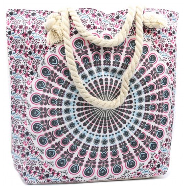 Torba mandala z uchwytem linowym elektryzujący niebieski, torba na plażę, torebka z linami różowoniebieska